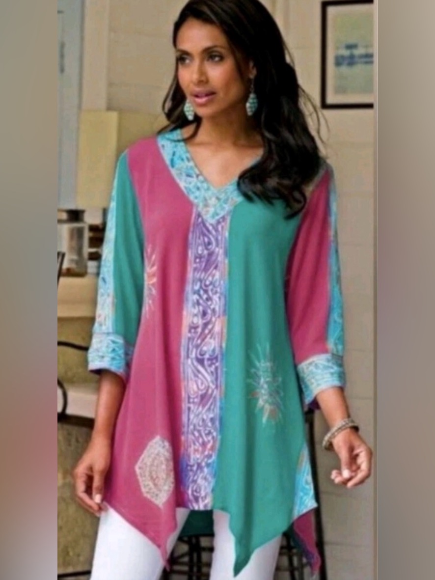 Soft Surroundings Tunic Top Xs Mystic Batik Celestial Sun Blue & Pink Colorblock